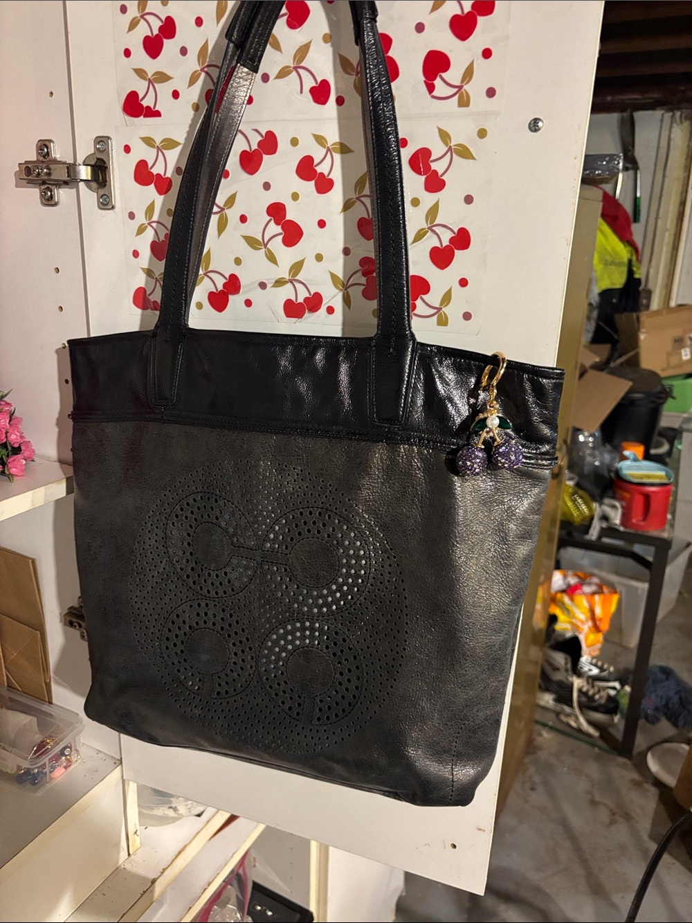 Black Leather Perforated Tote Bag 15 x 12 1/2 gray washed Outlook excellent bag